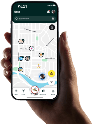 App screens showing Safety Diary and route selection