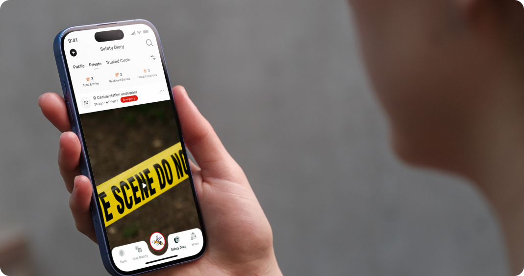 Safety Diary app showing a report logged in a public space